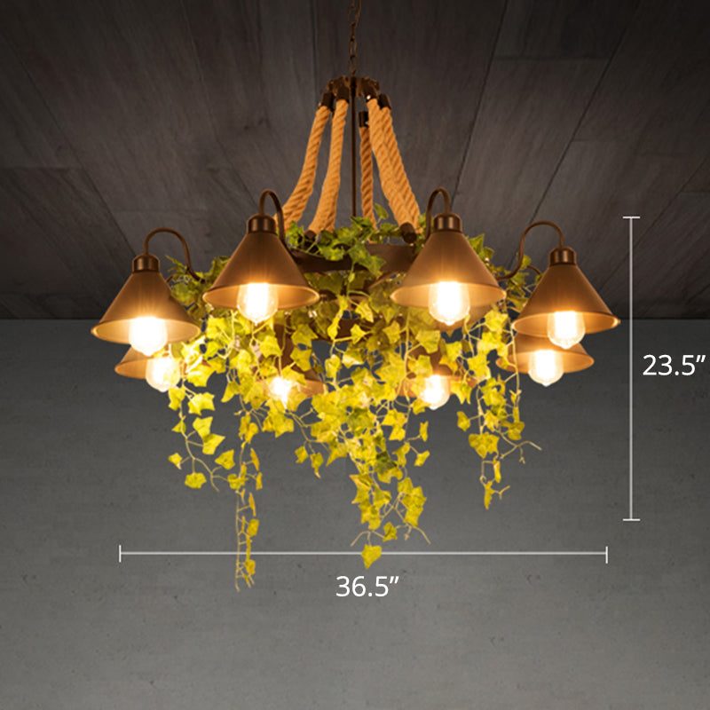 Conical Iron Chandelier - 8-Head Dining Room Hanging Lamp with Vine Decor - Warehouse Styling
