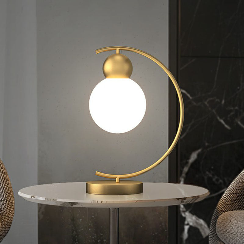 Postmodern Milk Glass 1-Light Gold Nightstand Lamp with C Arm and Gourd Shape