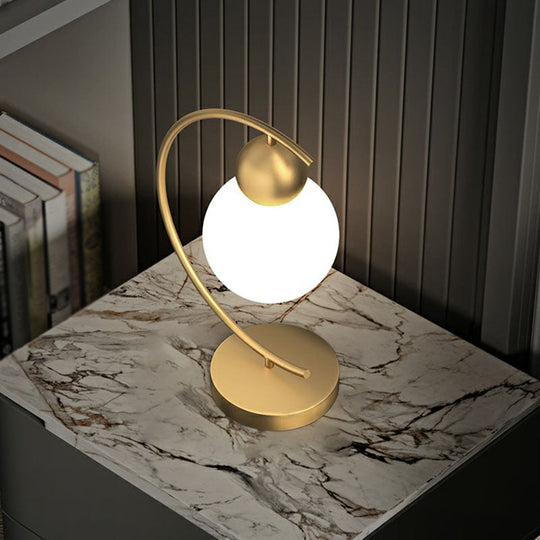 Postmodern Milk Glass 1-Light Gold Nightstand Lamp with C Arm and Gourd Shape
