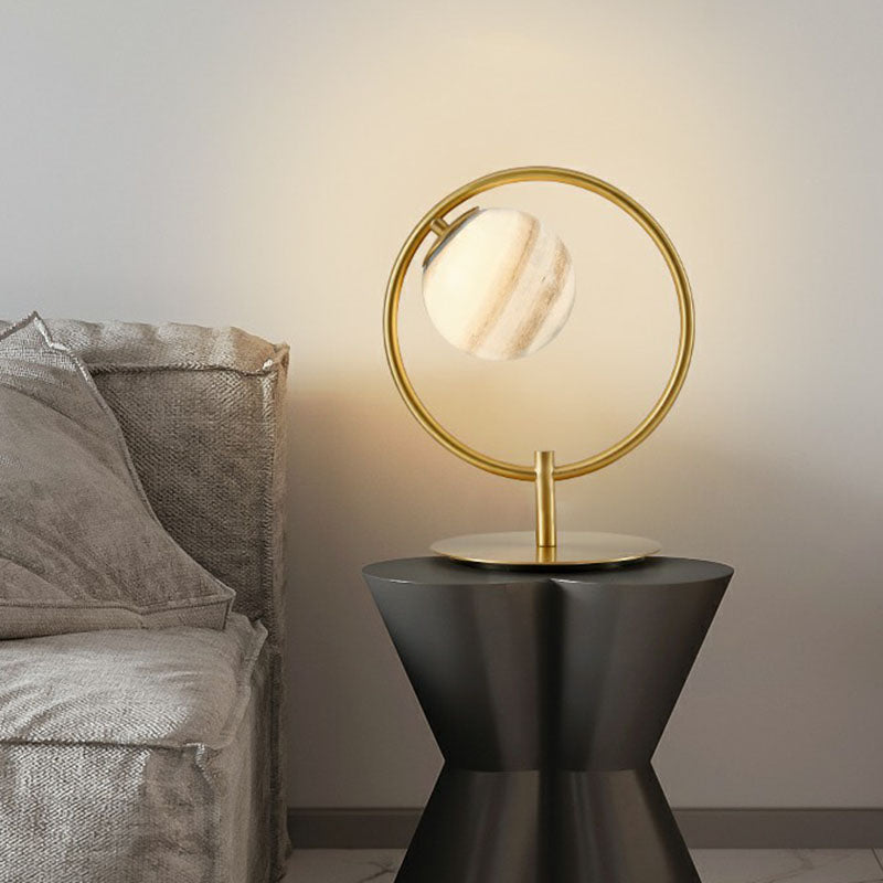Planet Table Lamp: Nordic Gold Finish, Stained Glass Night Light with Metal Ring