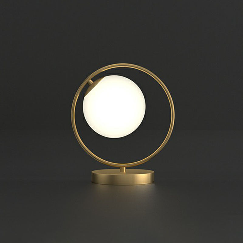 White Glass Ball Bedside Lamp with Gold Ring Decor - Single Minimalistic Table Light