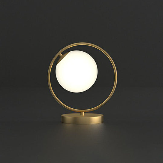 White Glass Ball Bedside Lamp with Gold Ring Decor - Single Minimalistic Table Light