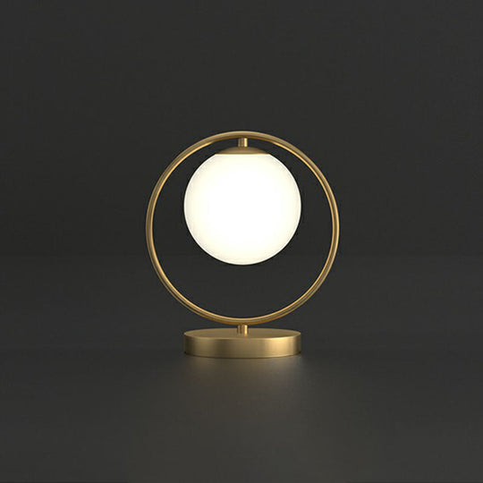 White Glass Ball Bedside Lamp with Gold Ring Decor - Single Minimalistic Table Light