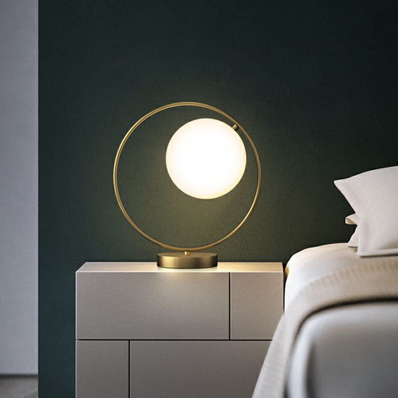White Glass Ball Bedside Lamp with Gold Ring Decor - Single Minimalistic Table Light