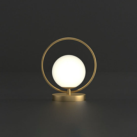 White Glass Ball Bedside Lamp with Gold Ring Decor - Single Minimalistic Table Light