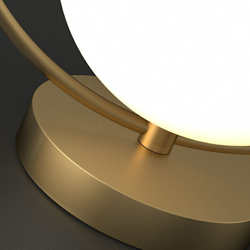 White Glass Ball Bedside Lamp with Gold Ring Decor - Single Minimalistic Table Light