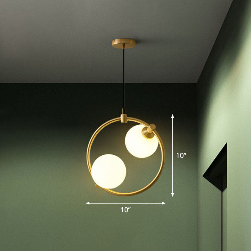 Opal Glass 2-Bulb Ball Pendant Chandelier - Simple Style Dining Room Ceiling Light in Gold
