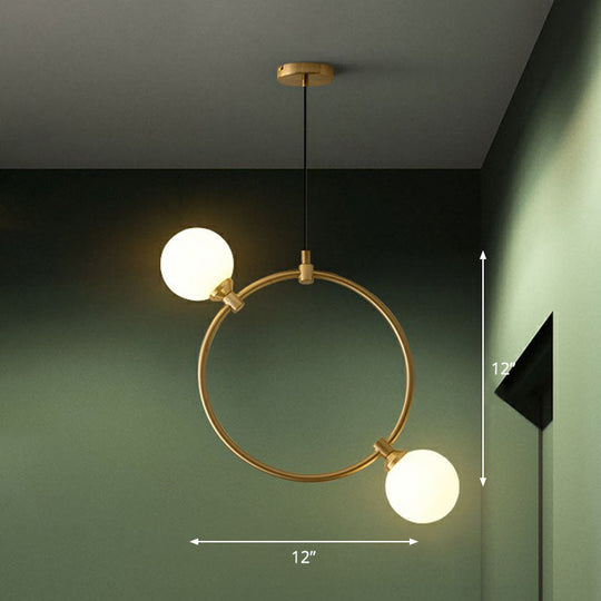 Opal Glass 2-Bulb Ball Pendant Chandelier - Simple Style Dining Room Ceiling Light in Gold