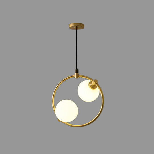 Opal Glass 2-Bulb Ball Pendant Chandelier - Simple Style Dining Room Ceiling Light in Gold