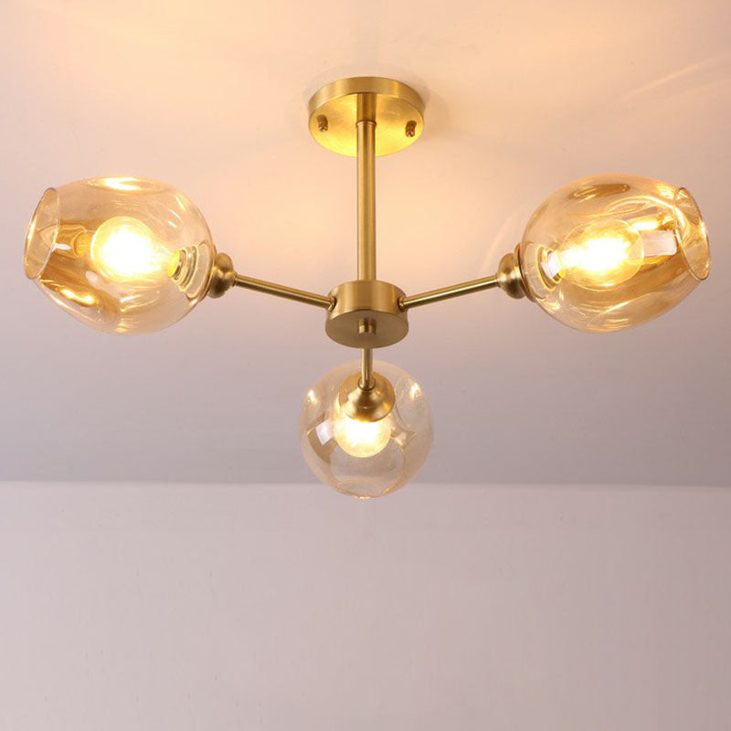 Sputnik Ceiling Mount Chandelier: Postmodern Cup Glass Parlor Flush Light in Brass