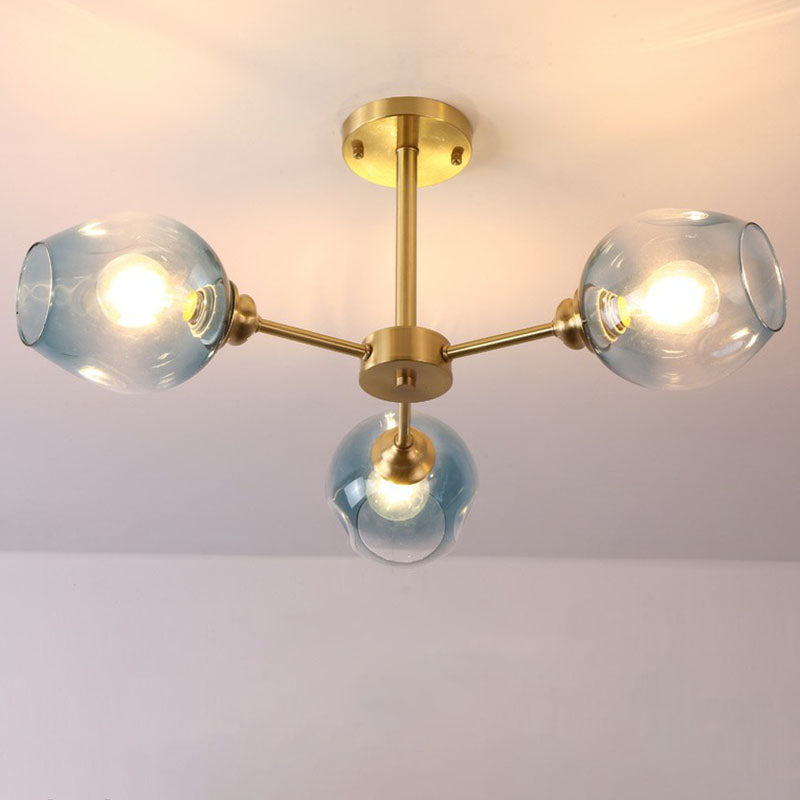 Sputnik Ceiling Mount Chandelier: Postmodern Cup Glass Parlor Flush Light in Brass