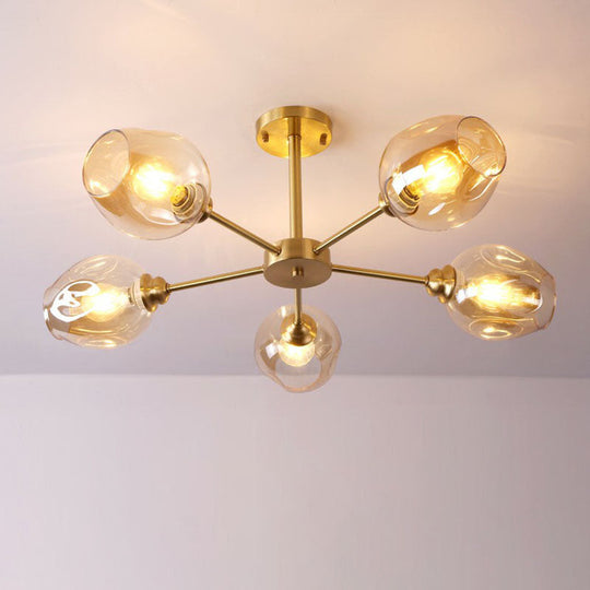 Sputnik Ceiling Mount Chandelier: Postmodern Cup Glass Parlor Flush Light in Brass