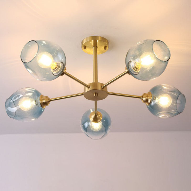Sputnik Ceiling Mount Chandelier: Postmodern Cup Glass Parlor Flush Light in Brass