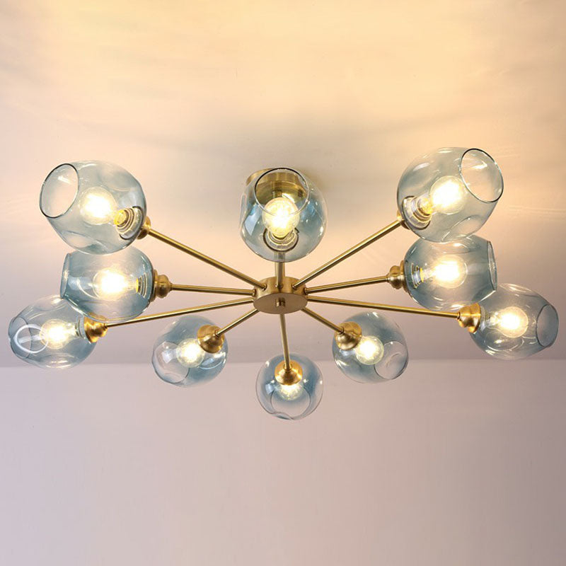 Sputnik Ceiling Mount Chandelier: Postmodern Cup Glass Parlor Flush Light in Brass