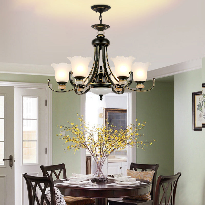 Vintage Black Chandelier: Flower White Glass Ceiling Light, 3/6/8 Lights for Bedroom Fixture