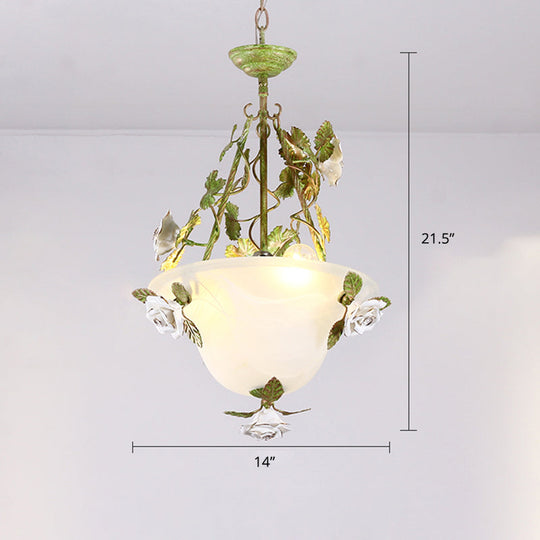 Green Glass Bell Pendant Chandelier for American Flower Dining Room Lighting
