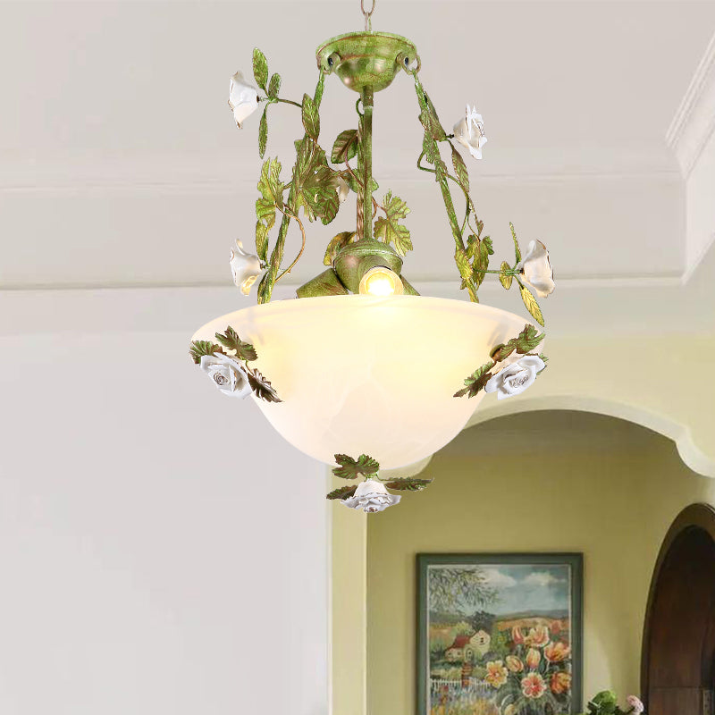 Green Glass Bell Pendant Chandelier for American Flower Dining Room Lighting