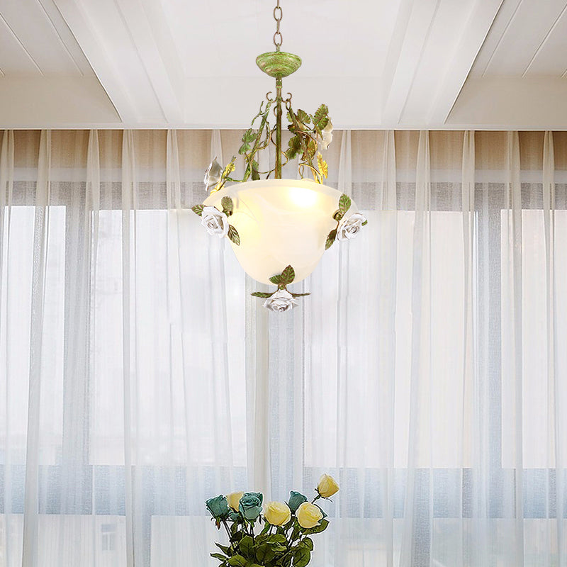 Green Glass Bell Pendant Chandelier for American Flower Dining Room Lighting