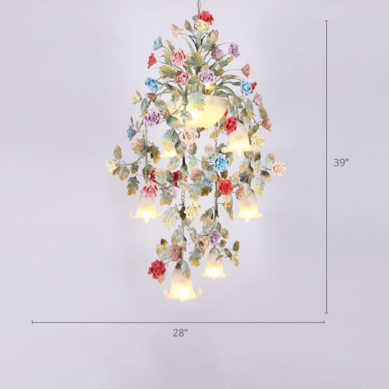 Pastoral Ceramic Flower Chandelier with Opal Glass Shade for Living Room Suspension Lighting