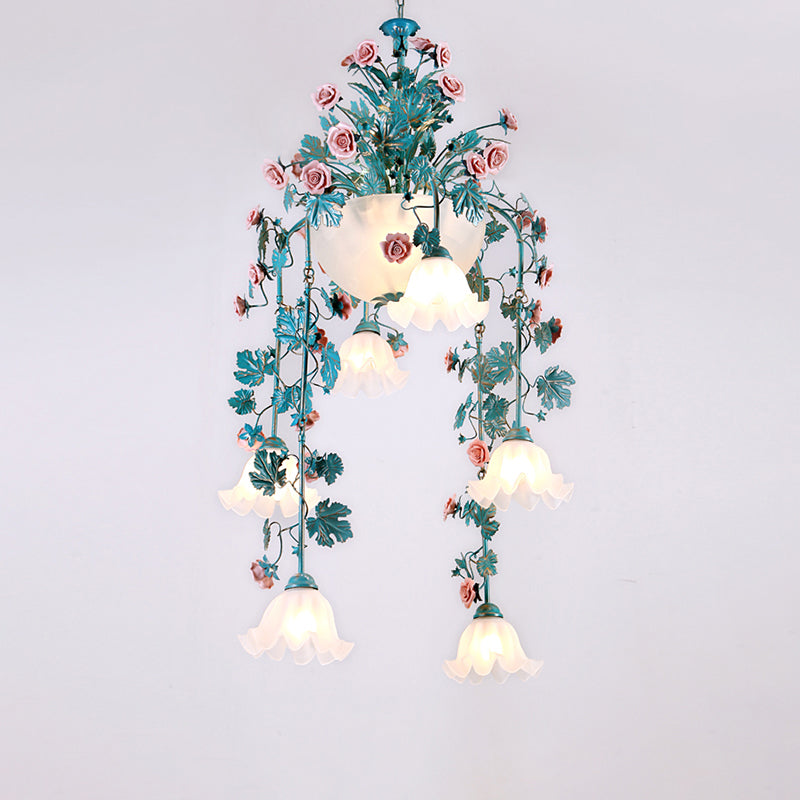 Pastoral Ceramic Flower Chandelier with Opal Glass Shade for Living Room Suspension Lighting