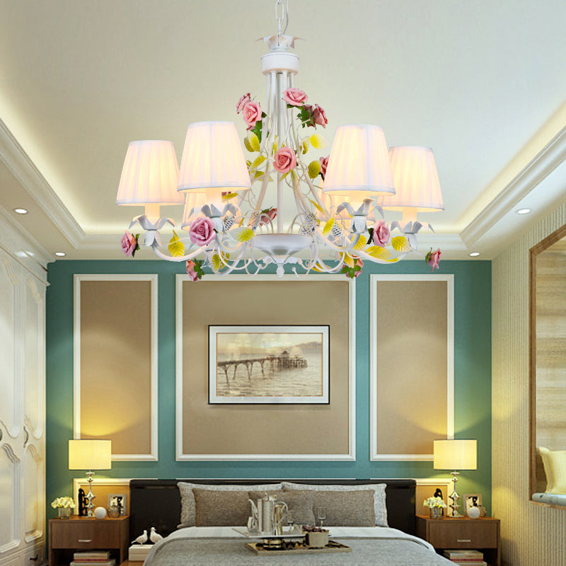 Pastoral Style Chandelier with Decorative Rose: Pleated White Fabric Hanging Light