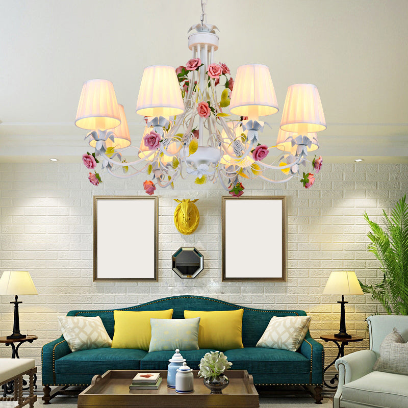 Pastoral Style Chandelier with Decorative Rose: Pleated White Fabric Hanging Light