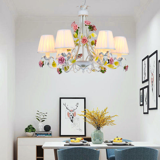Pastoral Style Chandelier with Decorative Rose: Pleated White Fabric Hanging Light
