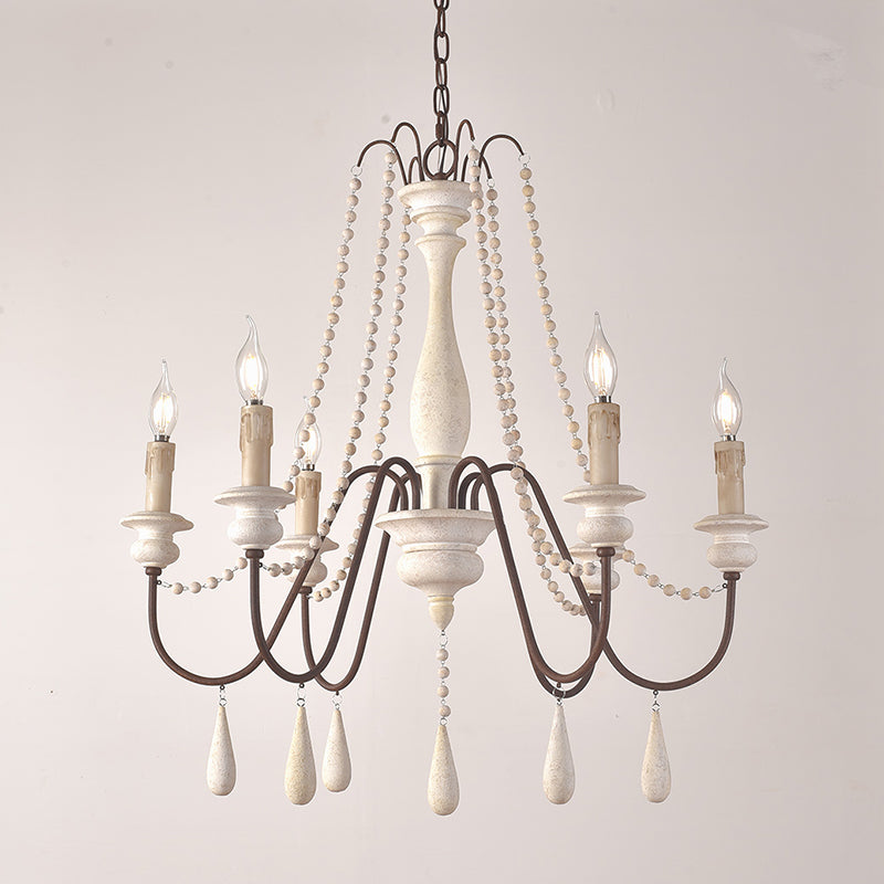 Vintage Wood Chandelier with 8 Bead Draped Pendant Lights
