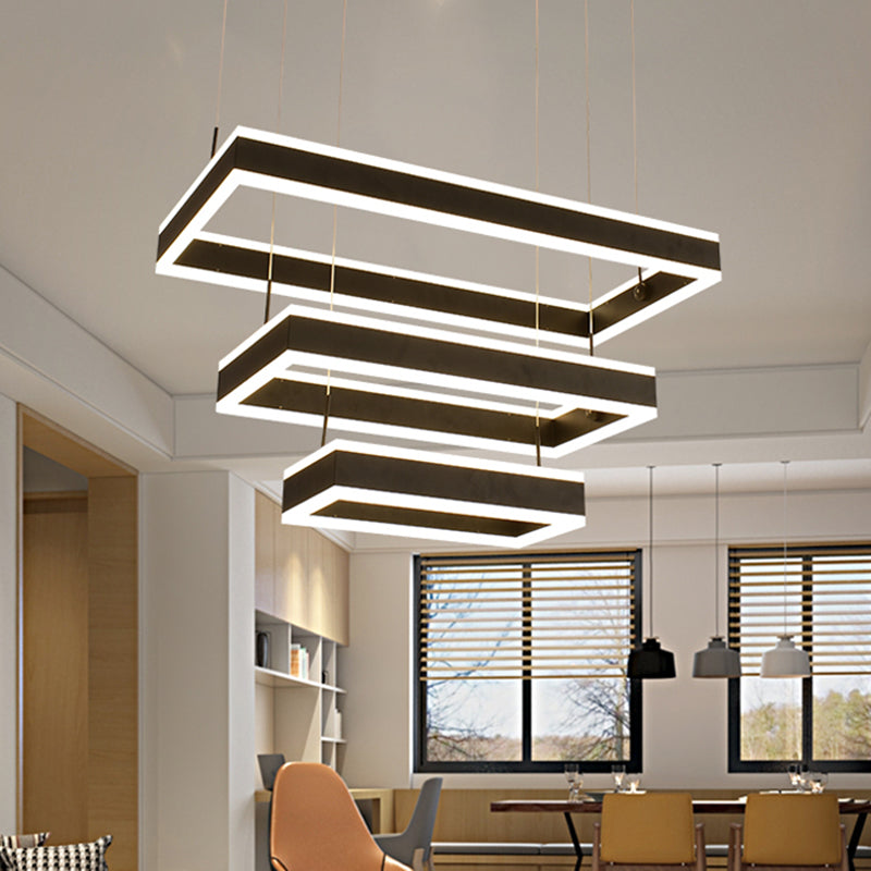 Modern Black LED Pendant Chandelier - Minimalist Tiered Rectangle Design for Living Room