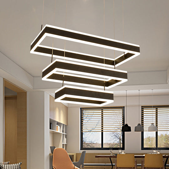 Modern Black LED Pendant Chandelier - Minimalist Tiered Rectangle Design for Living Room