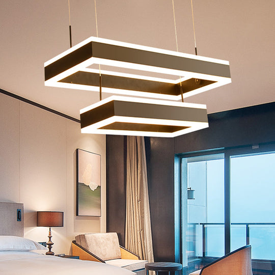 Modern Black LED Pendant Chandelier - Minimalist Tiered Rectangle Design for Living Room