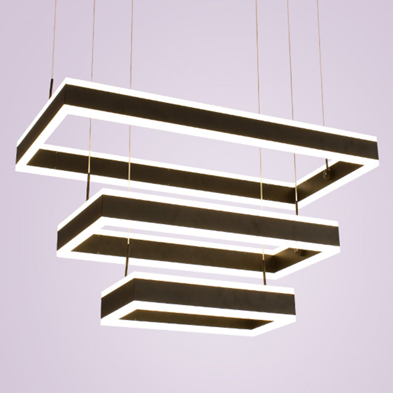 Modern Black LED Pendant Chandelier - Minimalist Tiered Rectangle Design for Living Room