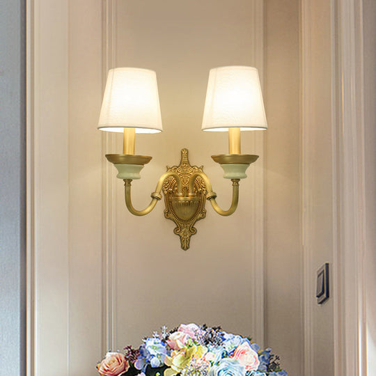 White and Brass Fabric Wall Mounted Light - Minimalist Tapered Wall Sconce
