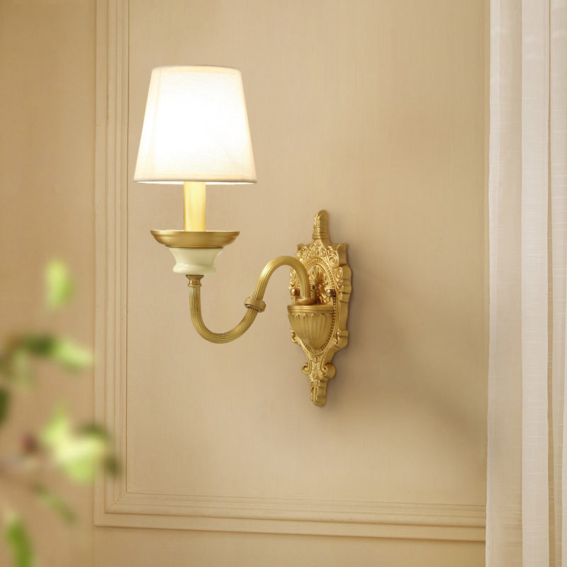 White and Brass Fabric Wall Mounted Light - Minimalist Tapered Wall Sconce