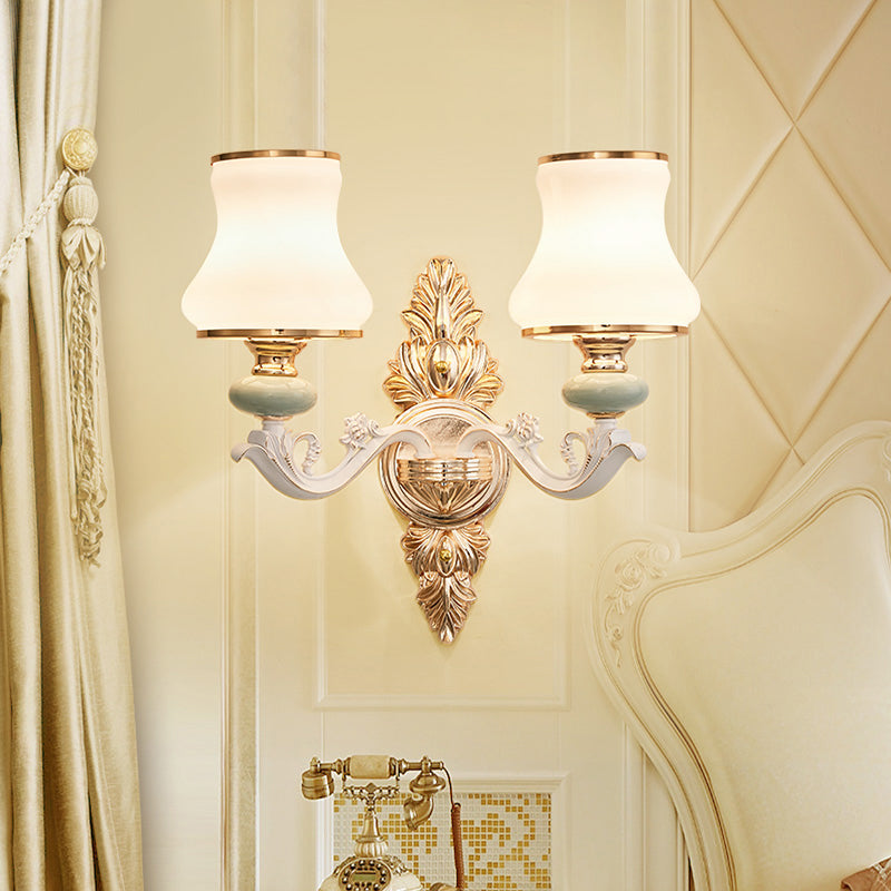 Traditional White Opaque Glass Wall Sconce for Bedroom - Curve Wall Light