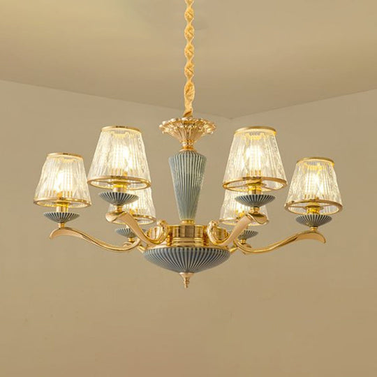 Antique Gold Ribbed Glass Chandelier - Elegant Bedroom Ceiling Pendant Lamp