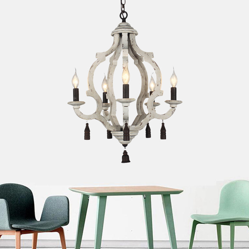 Traditional Wood Ceiling Light: 5-Light Dark/Wood/White Lantern Chandelier for Bedroom