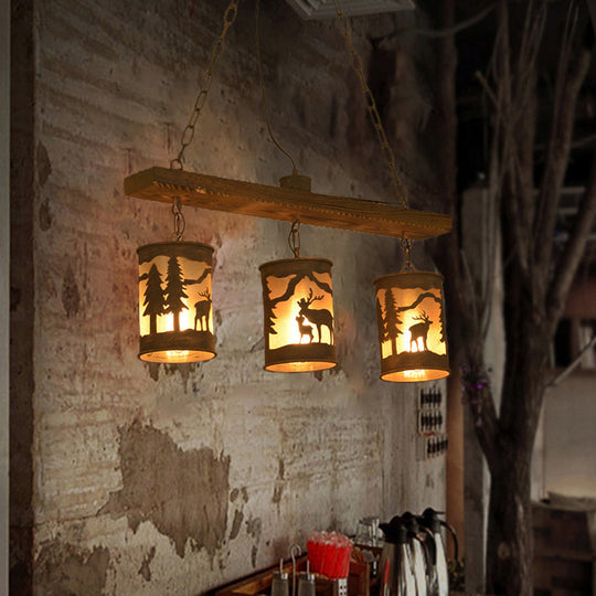 Vintage Cylinder Island Chandelier with Metal and Fabric Shade - 3/5/6 Lights - Rustic Hanging Lamp