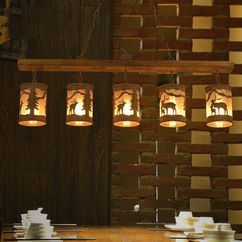 Vintage Cylinder Island Chandelier with Metal and Fabric Shade - 3/5/6 Lights - Rustic Hanging Lamp