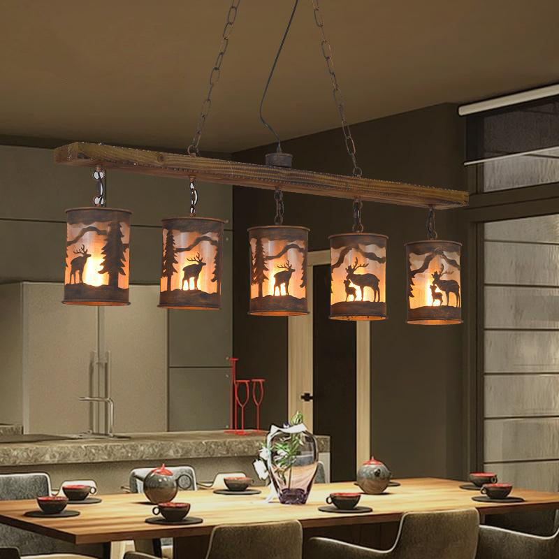 Vintage Cylinder Island Chandelier with Metal and Fabric Shade - 3/5/6 Lights - Rustic Hanging Lamp