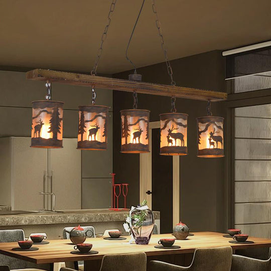 Vintage Cylinder Island Chandelier with Metal and Fabric Shade - 3/5/6 Lights - Rustic Hanging Lamp