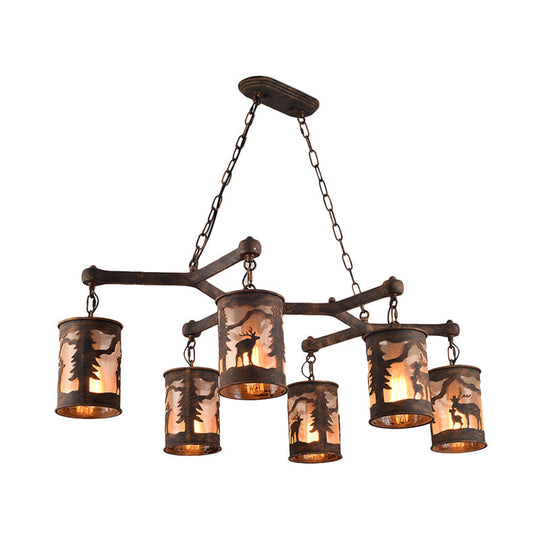 Vintage Cylinder Island Chandelier with Metal and Fabric Shade - 3/5/6 Lights - Rustic Hanging Lamp