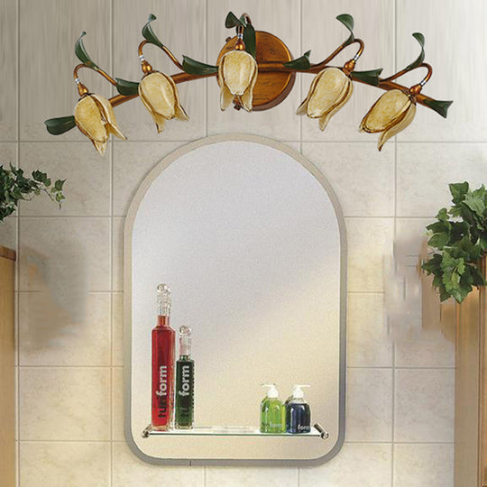 Yellow Flower Rustic Glass Sconce for Bathroom Wall - Swirled Gold Arm, 3/5 Lights Fixture