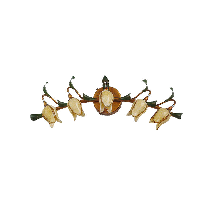 Yellow Flower Rustic Glass Sconce for Bathroom Wall - Swirled Gold Arm, 3/5 Lights Fixture
