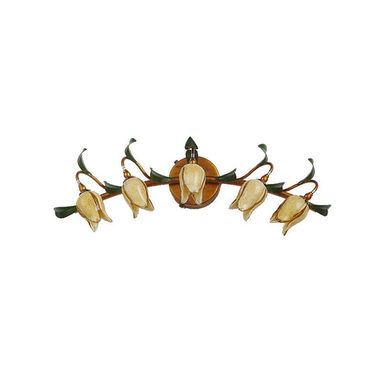 Yellow Flower Rustic Glass Sconce for Bathroom Wall - Swirled Gold Arm, 3/5 Lights Fixture