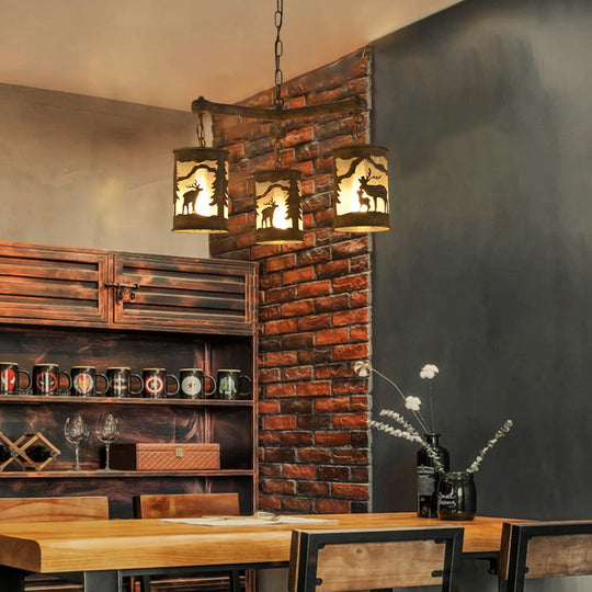 Rustic Metal and Fabric Chandelier Light with 3/6/9 Cylinder Lights, Brown Pendant Lighting for Dining Room - Deer Pattern