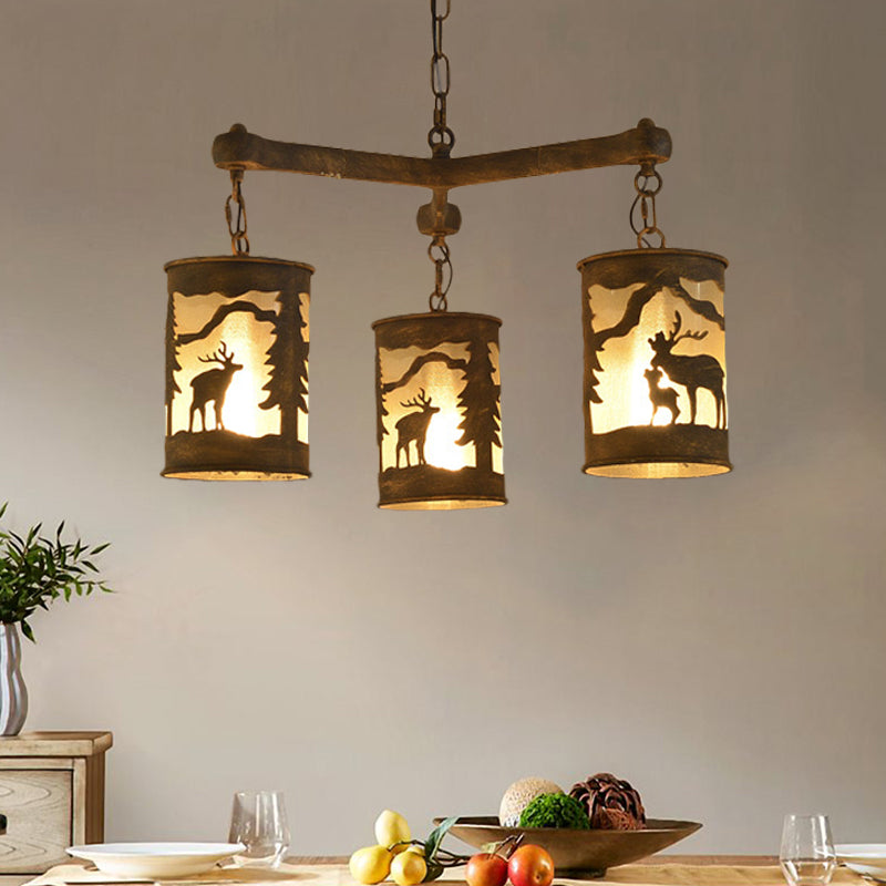 Rustic Metal and Fabric Chandelier Light with 3/6/9 Cylinder Lights, Brown Pendant Lighting for Dining Room - Deer Pattern