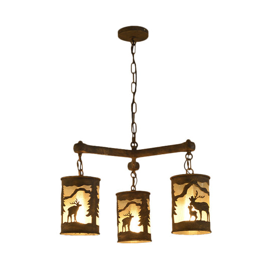 Rustic Metal and Fabric Chandelier Light with 3/6/9 Cylinder Lights, Brown Pendant Lighting for Dining Room - Deer Pattern