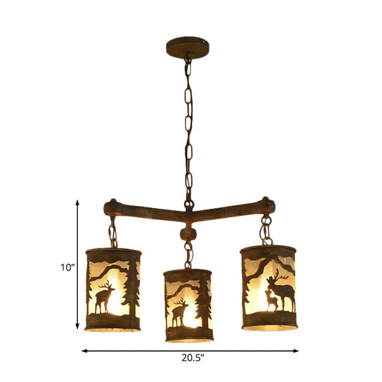 Rustic Metal and Fabric Chandelier Light with 3/6/9 Cylinder Lights, Brown Pendant Lighting for Dining Room - Deer Pattern