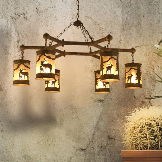 Rustic Metal and Fabric Chandelier Light with 3/6/9 Cylinder Lights, Brown Pendant Lighting for Dining Room - Deer Pattern